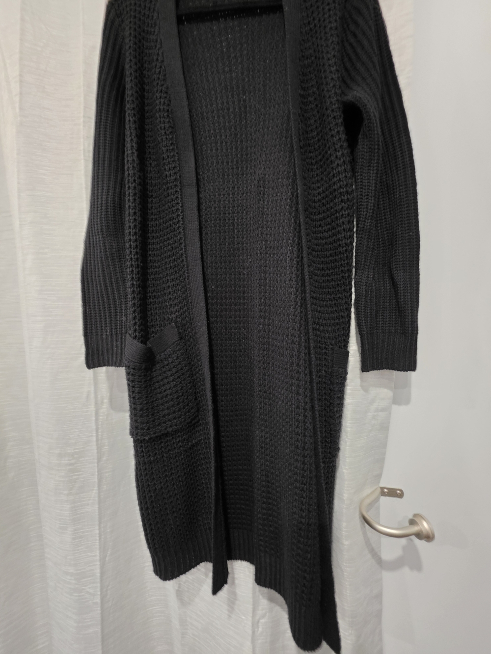 ReVamped Black Knitted Long Cardigan - Open Front Cozy Layer - Picture 2 of 6